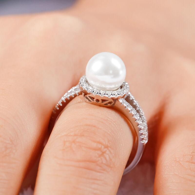 Jeulia Halo Split Shank Faux Pearl Sterling Silver Ring