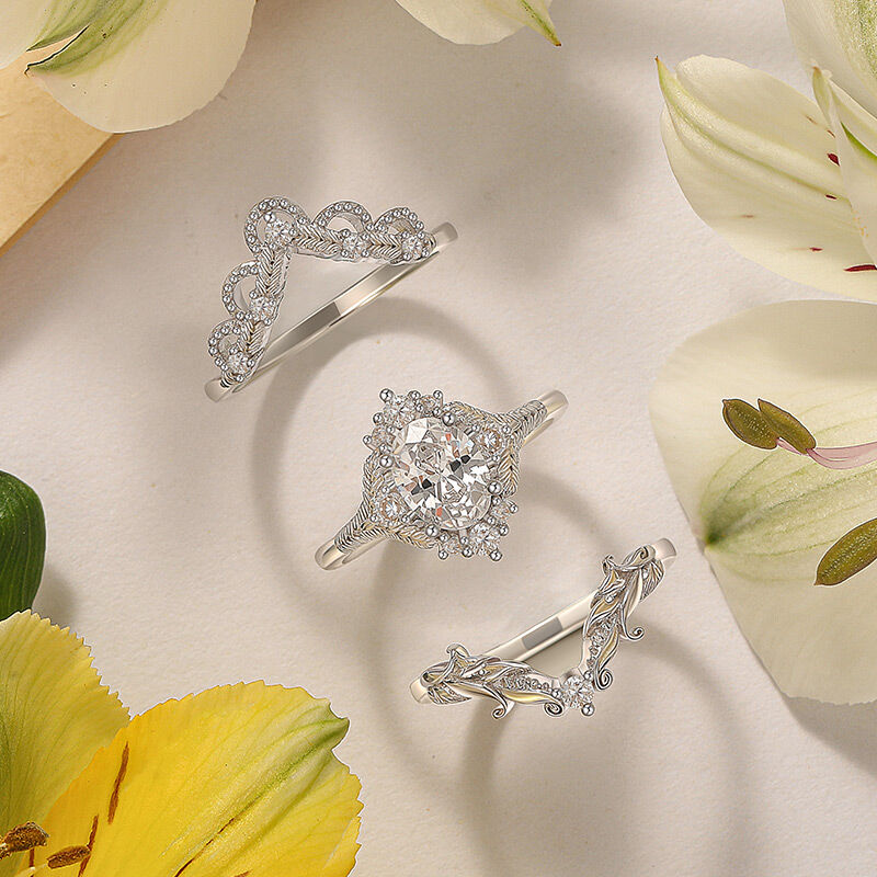 Jeulia Vintage Vine Oval Cut Bridal Ring Set Sterling Silver