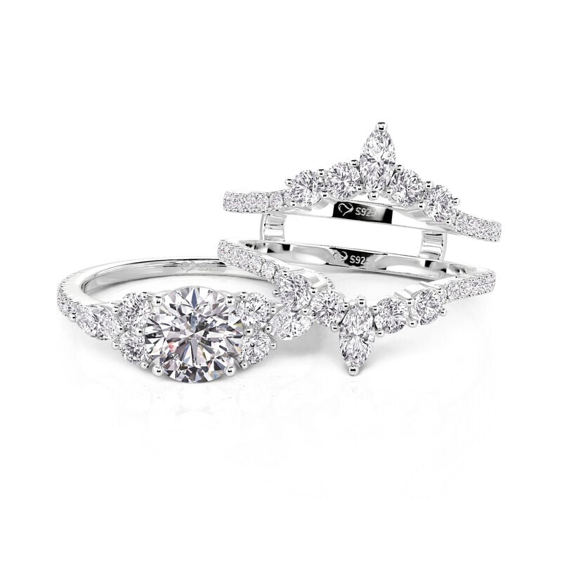 Jeulia Round Cut Three Stone V-Shaped Engagement Ring Set