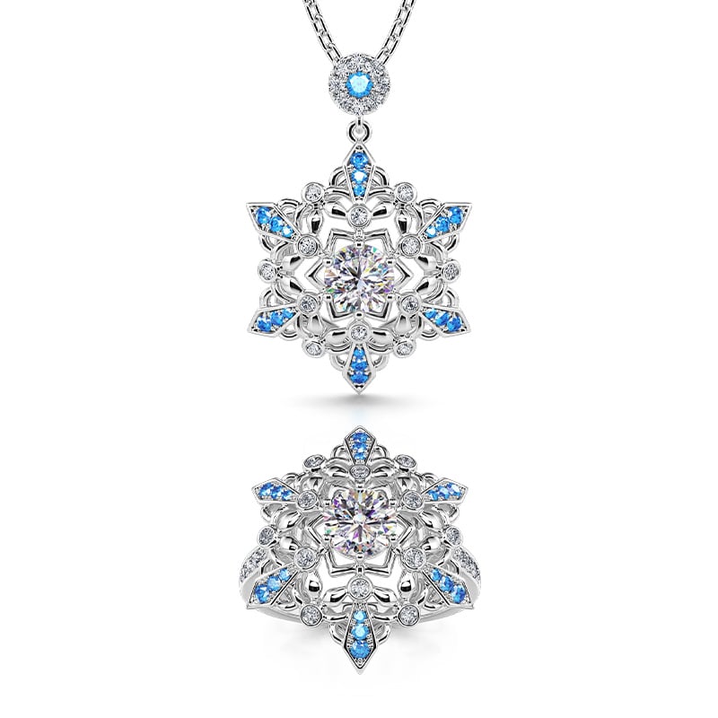 Jeulia "Snow Princess" Snowflake Round Cut Sterling Silver Jewelry Set