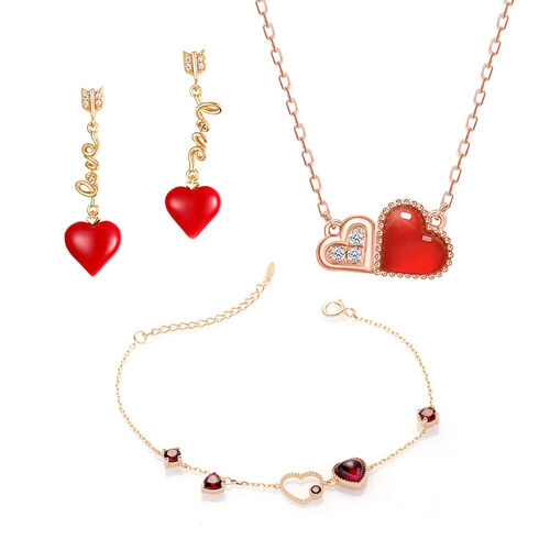 Jeulia "Heart to Heart" Agate Sterling Silver Jewelry Set