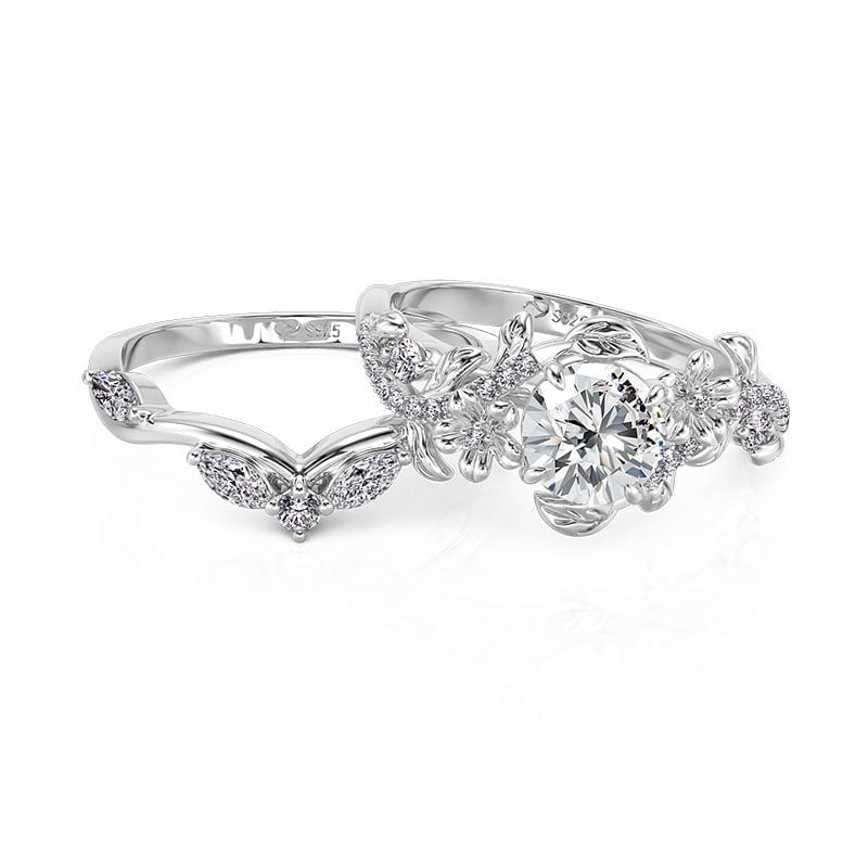 Jeulia Vine Flower Leaf Round Cut Bridal Ring Set 2PCS