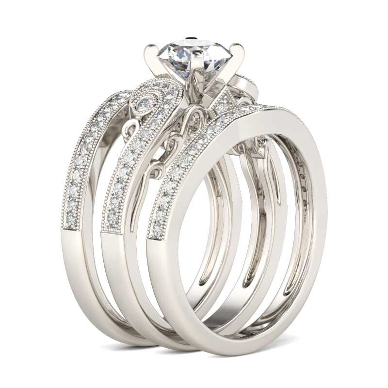 Jeulia Terno De Anillos Milgrain De Talla Redonda En Plata De Ley