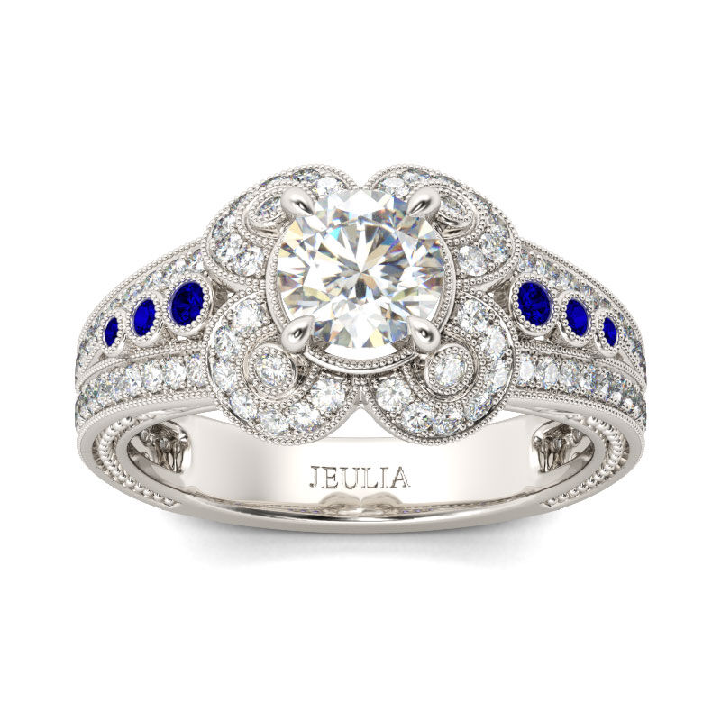 Jeulia Milgrain Flower Design Round Cut Sterling Silver Ring