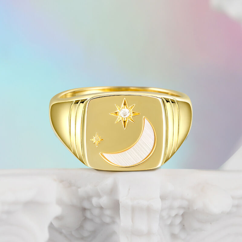 Jeulia Star and Moon Signet Sterling Silver Ring