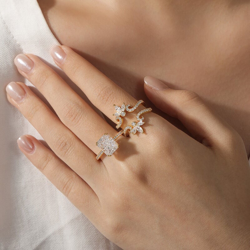 Jeulia Radiant Cut Bridal Ring Set with Symmetrical Leaf Design Enhancer