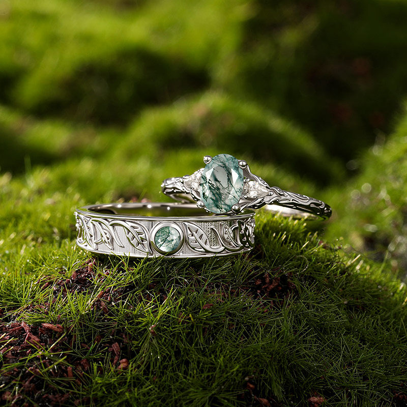 Jeulia Leaf Moss Agate Wedding Ring for Men