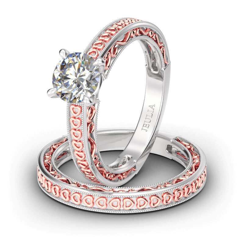 Jeulia Heart Design Round Cut Sterling Silver Ring Set