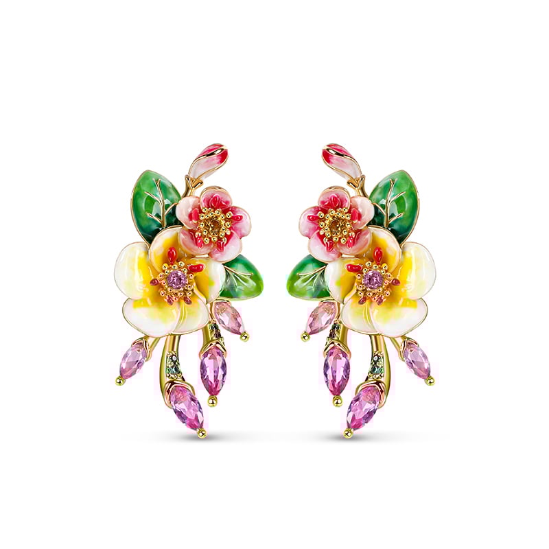 Jeulia "Whimsical Beauty" Pear Blossom Enamel Sterling Silver Earrings