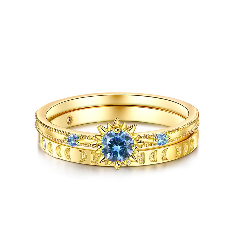 Jeulia Sun & Moon Phases Gold Tone Sterling Silver Ring Set