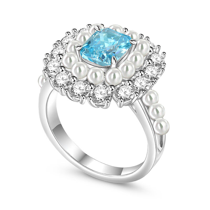 Jeulia Double Halo White Pearl Aquamarine Ring Sterling Silver