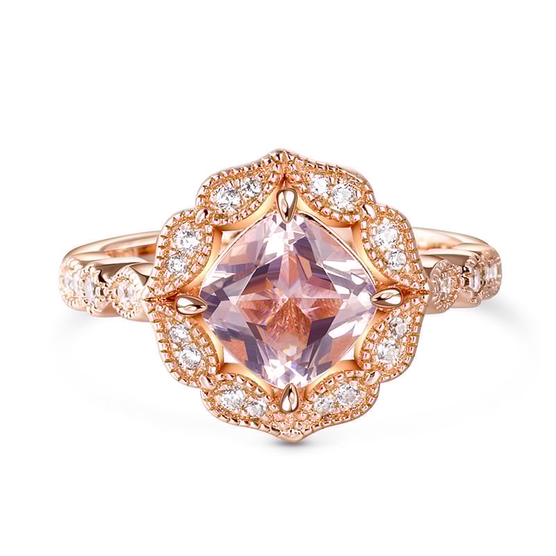 Jeulia Vintage Floral Cushion Cut Synthetic Morganite Sterling Silver Ring