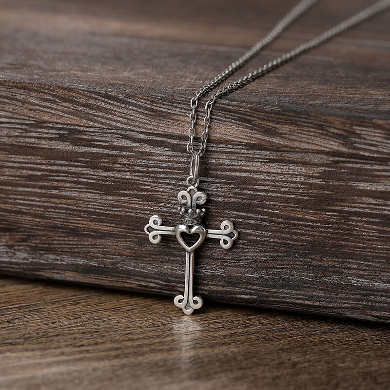 Jeulia "Heart & Crown" Cross Sterling Silver Necklace
