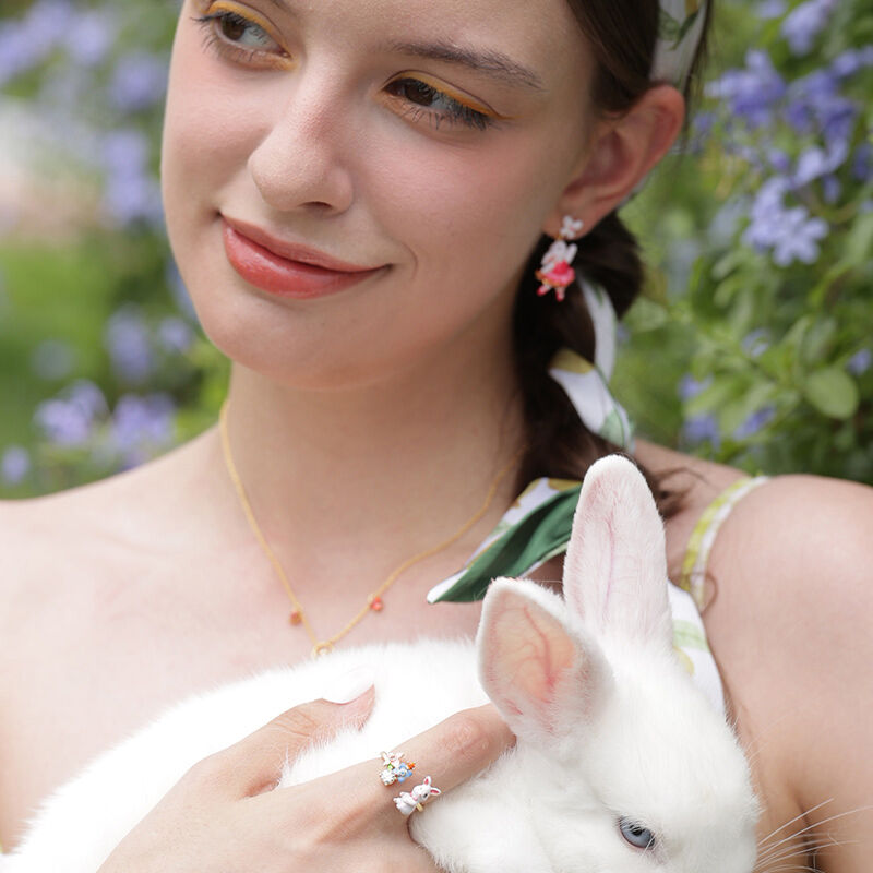 Jeulia "Nature's Favor" Rabbit Flower Enamel Sterling Silver Ring