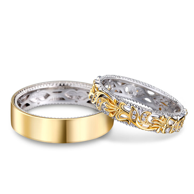 Jeulia Two Tone Floral and Leaf Carved Unique Sterling Silver Band Set
