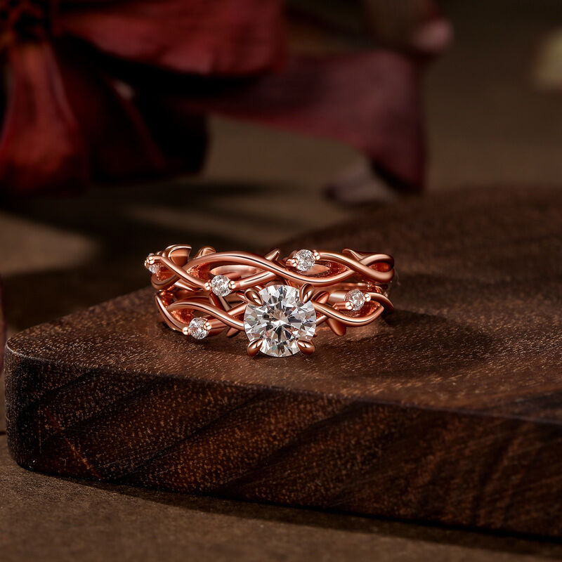 Jeulia Thorns and Flower Rose Gold Solitaire Engagement Ring Set Sterling Silver