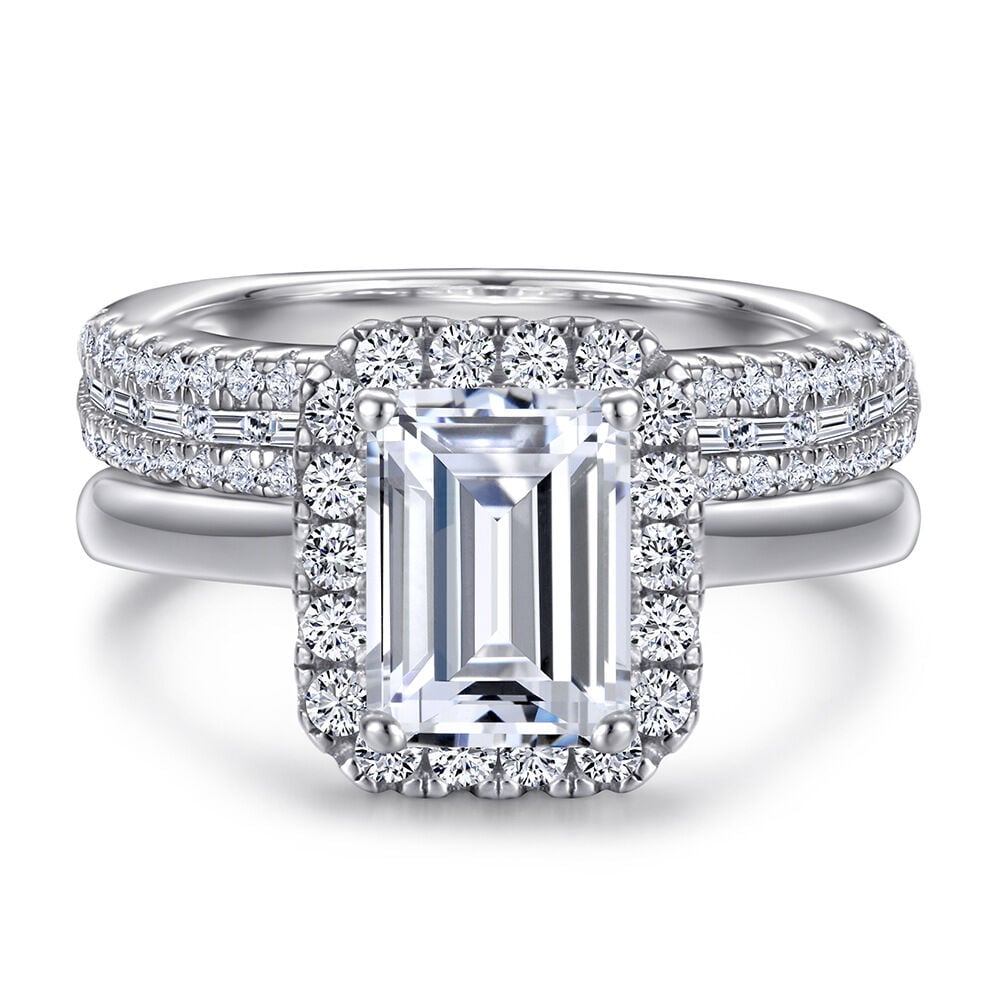 Jeulia 2PC Emerald Cut Sterling Silver Ring Set