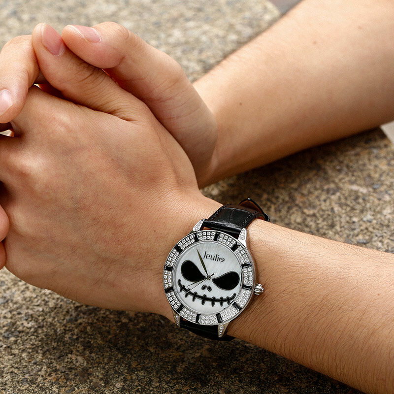 Jeulia "King of Halloween Town" Skull Design Quartz Black Leather Watch with Mother-of-Pearl Dial