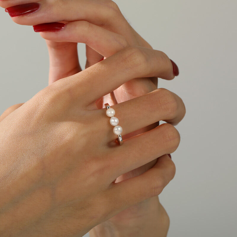 Jeulia Anillo de Boda Tres Perlas Simple de Plata de Ley