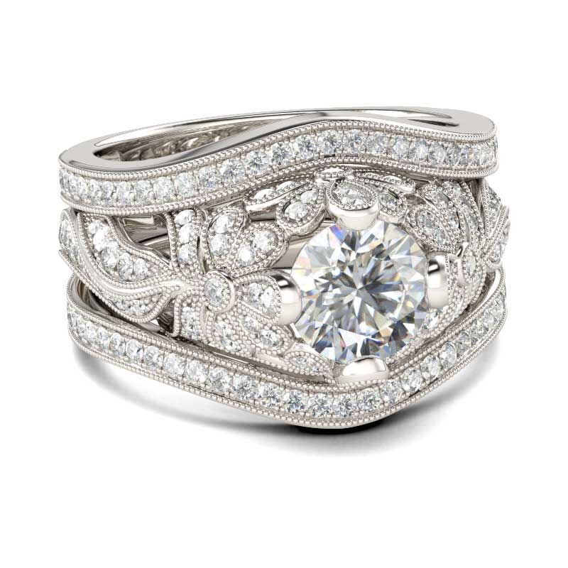 Jeulia Conjunto De Anillos Floral Milgrain De Talla Redonda En Plata De Ley