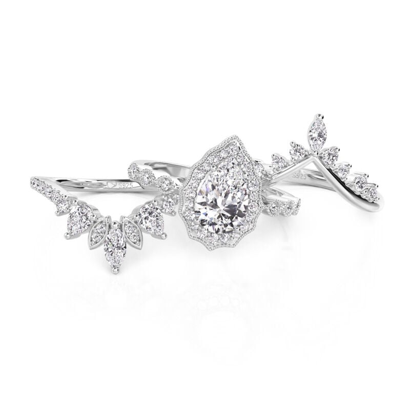 Jeulia Vintage Halo Pear Bridal Set with Enhancer Sterling Silver