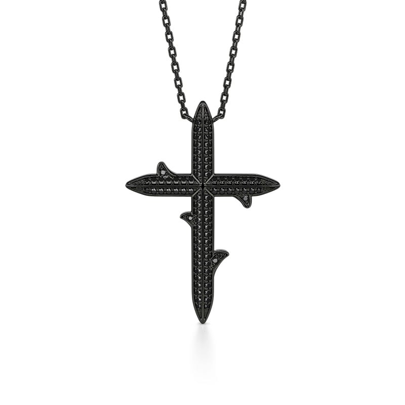 Jeulia Thorn Black Cross Necklace Sterling Silver