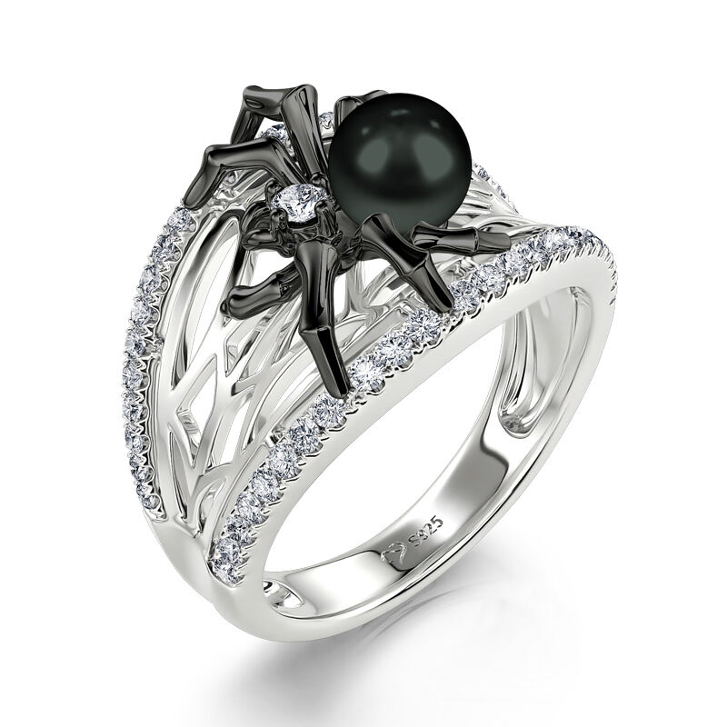 Jeulia "Black Widow" Gothic Cultured Black Pearl Spider Sterling Silver Band