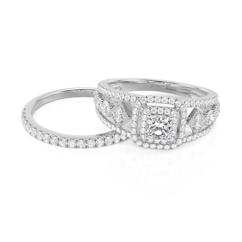 Jeulia Juego de Anillos de Compromiso Corte Princesa con Doble Halo en Plata de Ley