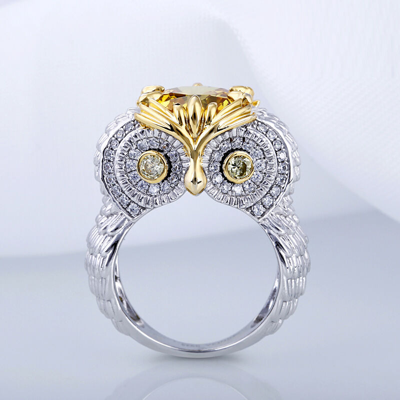 Jeulia Feather Round Cut Sterling Silver Owl Ring