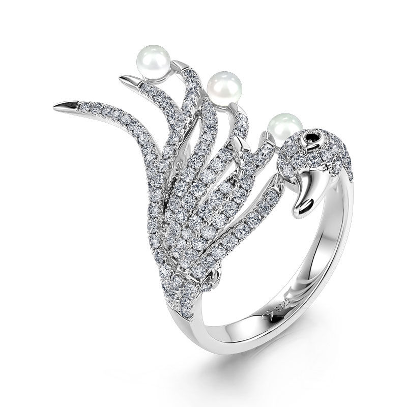 Jeulia "Be My Queen" Swan Cultured Pearl Sterling Silver Ring