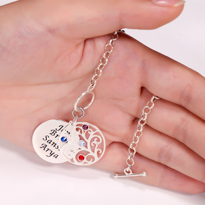 Jeulia Family Tree Engraved Bracelet with Birthstones Sterling Silver