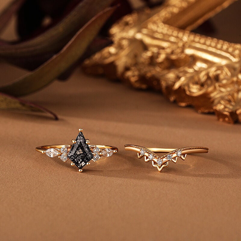 Jeulia Classic Kite Cut Black Rutilated Quartz Ring Set