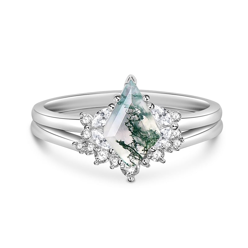 Jeulia Unique Moss Agate Engagement Ring Set Sterling Silver