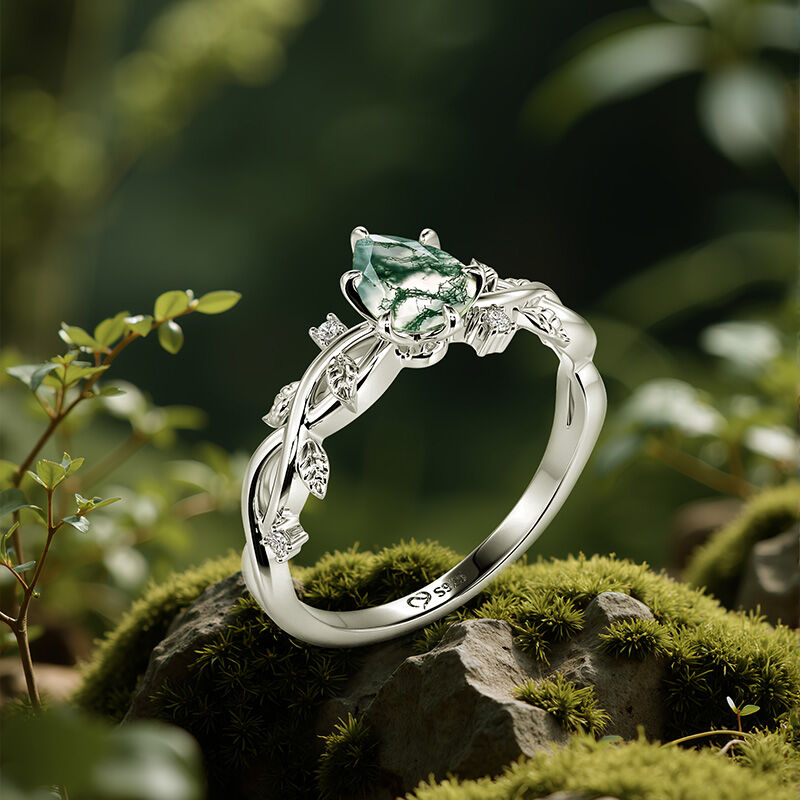 Jeulia Pear Cut Moss Agate Engagement Ring with Vine Leaf