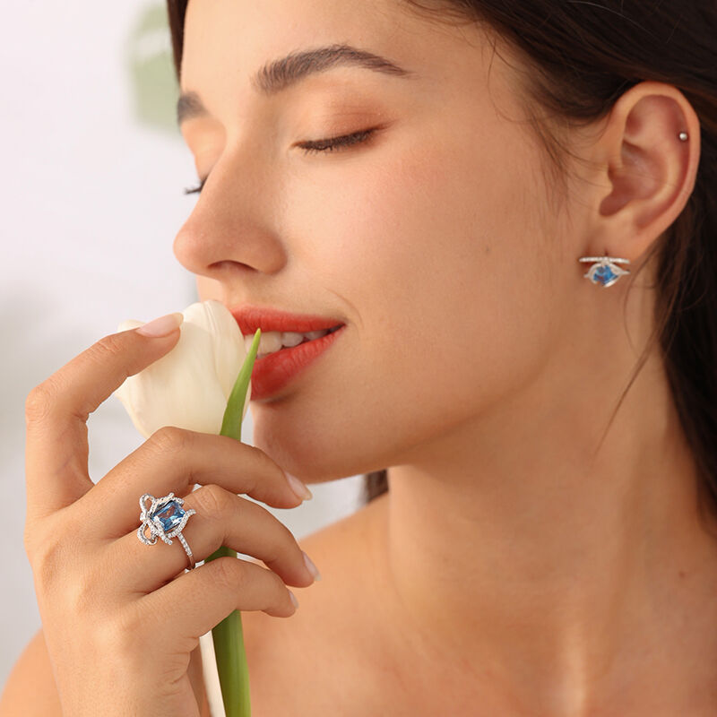 Jeulia Orecchini con Fiocco e Zircone Acquamarina Blu in Argento Sterling