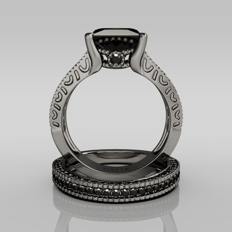 Jeulia Black Princess Cut Sterling Silver Ring Set