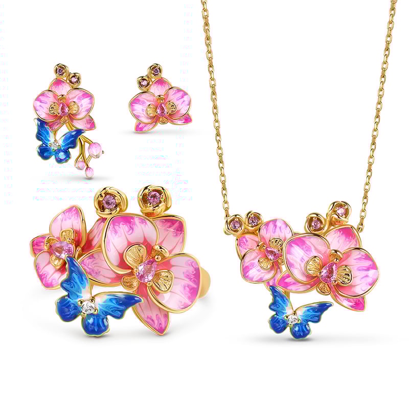 Jeulia "Butterfly Loves Flower" Enamel Sterling Silver Jewelry Set