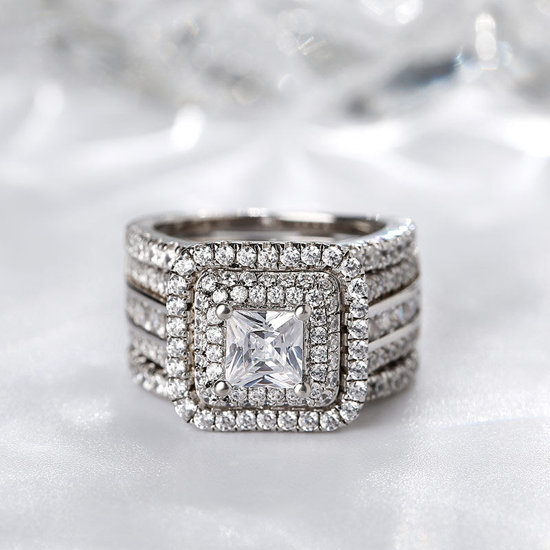 Jeulia Three Halo Princess Cut Sterling Silver Enhancer Ring Set