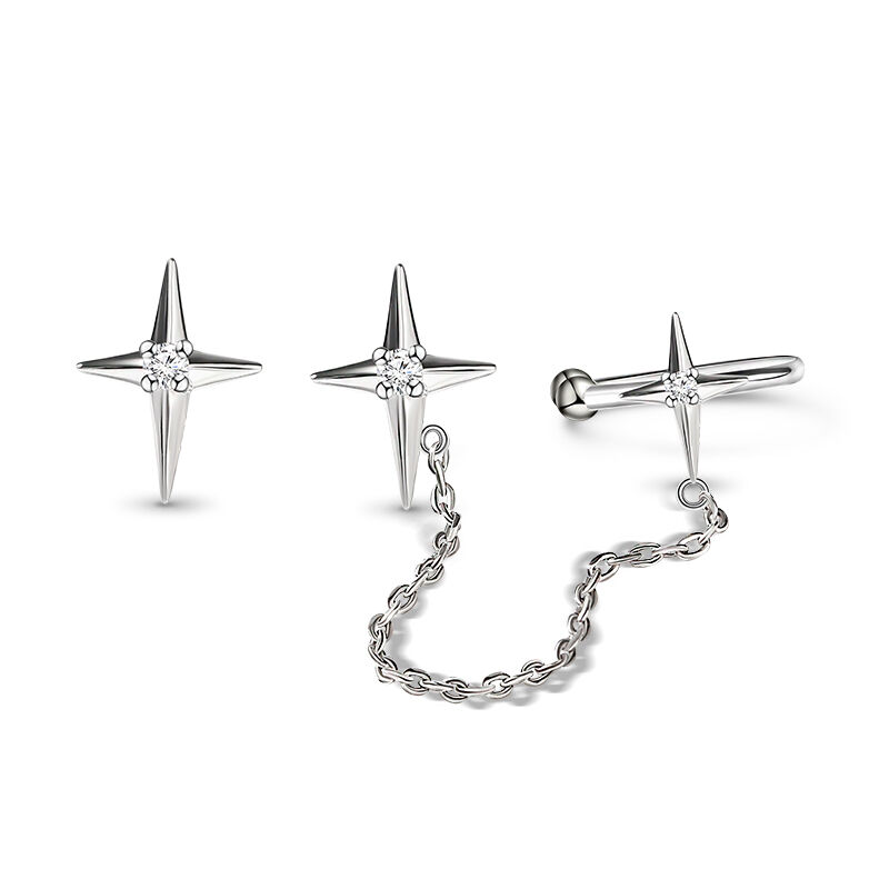 Jeulia "Four-Point Star" Sterling Silver Ear Cuff with Chain
