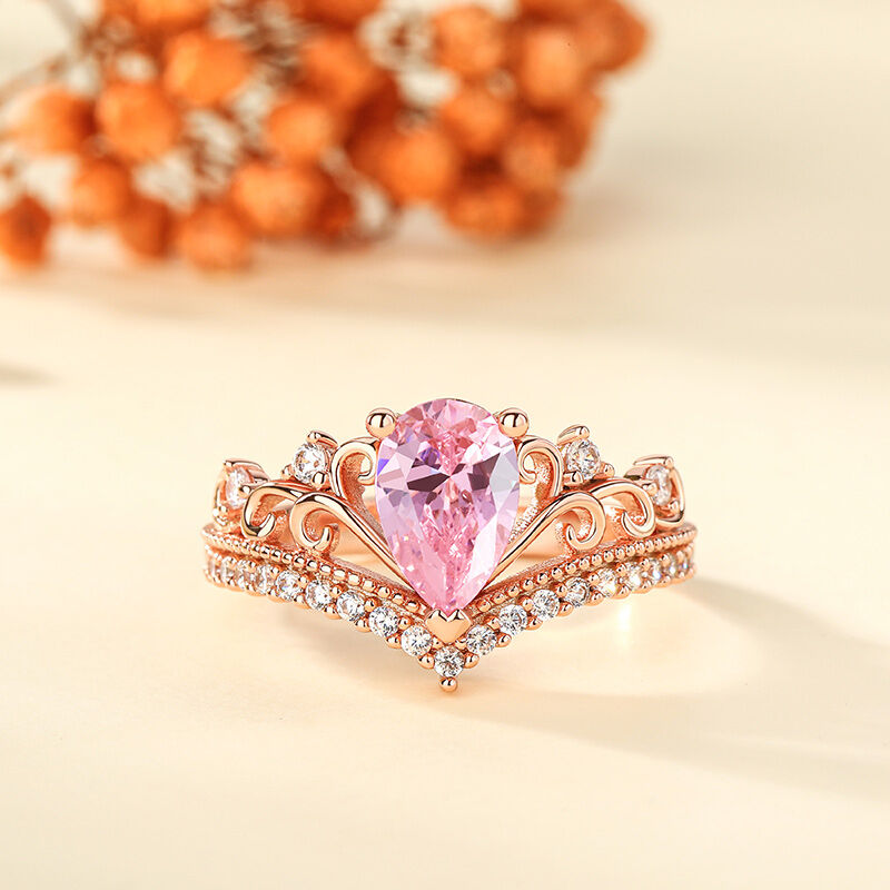 Jeulia Crown Pear Cut Synthetic Morganite Sterling Silver Ring