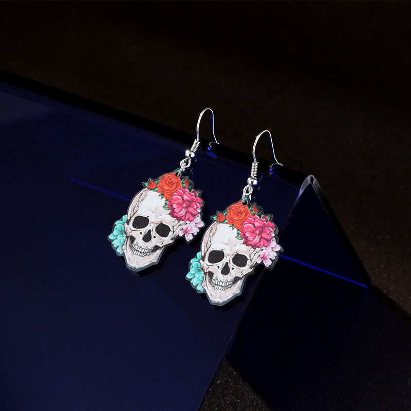 Jeulia "Bloom in Death" Flowers Skull Acrylic Drop Earrings