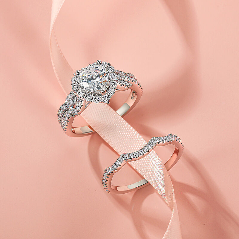 Jeulia Juego de Anillo de Boda Corte de Corazón con Halo Vintage Trenzado en Plata Esterlina