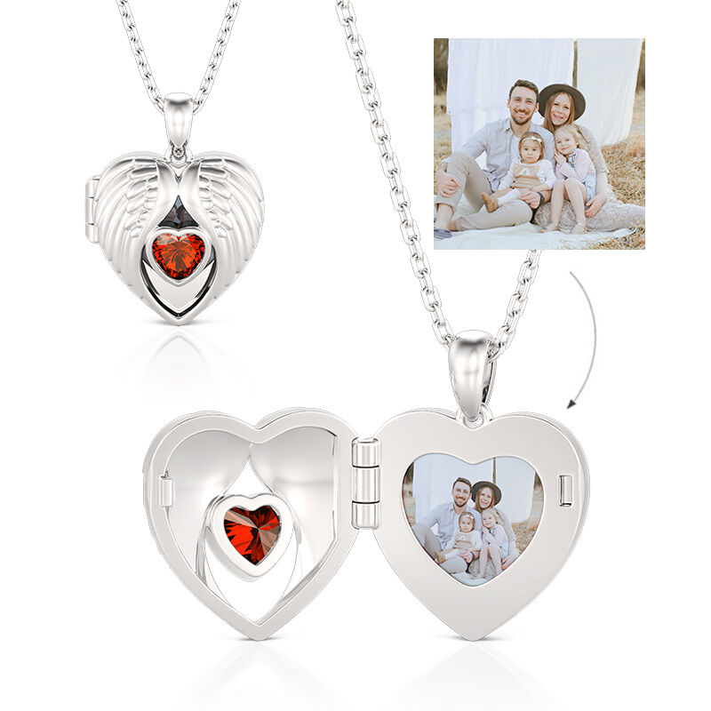 Jeulia Heart Wings Custom Birthstone Photo Necklace Locket Sterling Silver