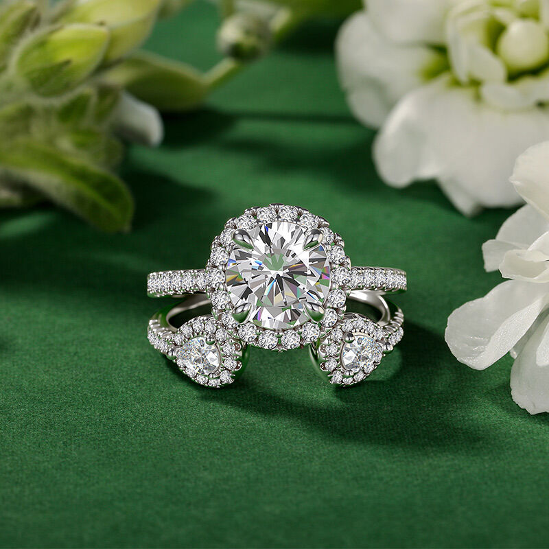Jeulia Set Fedi Nuziali con Alone in Tre Pietre e Argento Sterling 2Pezzi