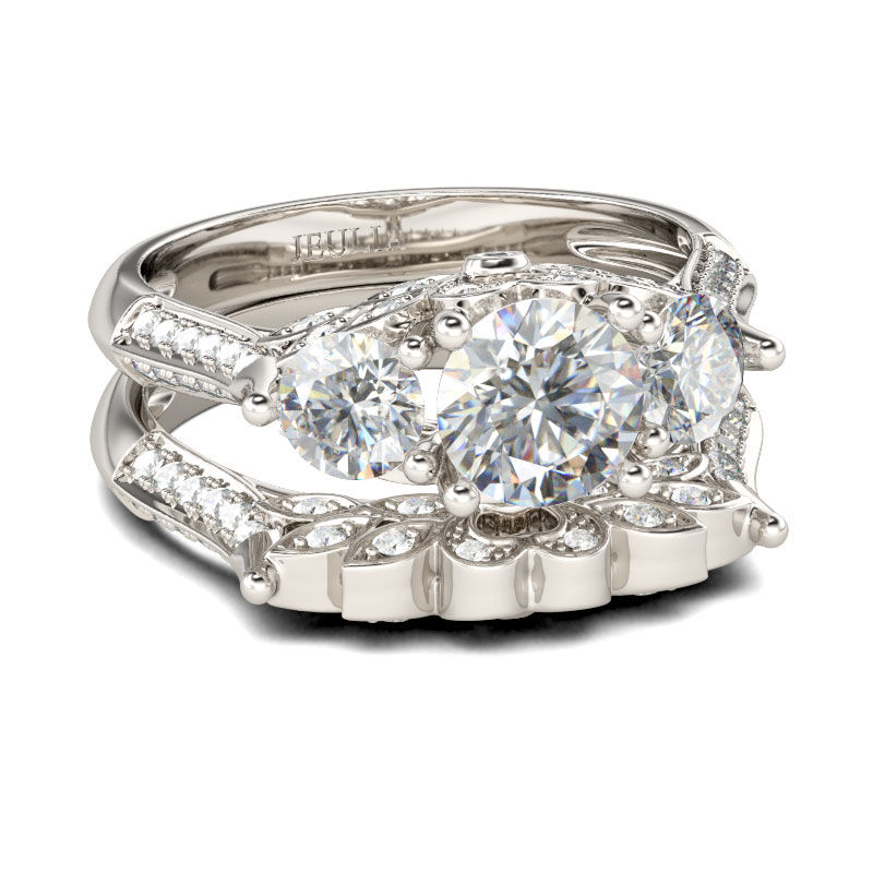 Jeulia Conjunto De Anillos Con Tres Piedras Con Forma Hoja De Talla Redonda En Plata De Ley