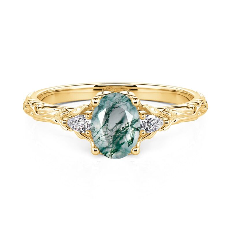 Jeulia Anillo de Boda Oro Ovalado Tres Piedras de Ágata Musgo