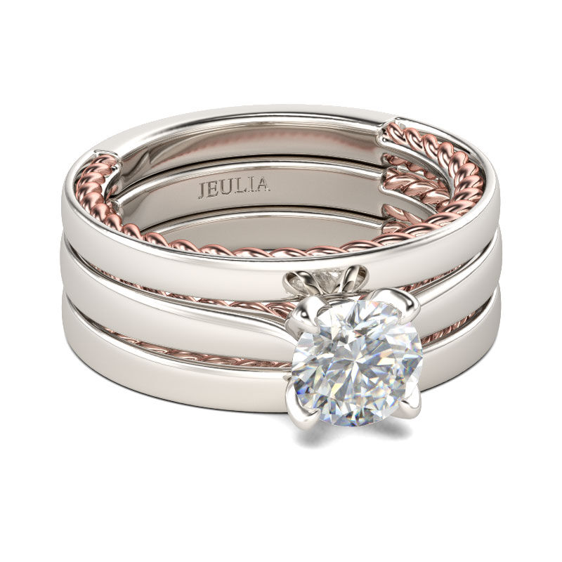 Jeulia Two Tone Rope Design Round Cut Sterling Silver Ring Set