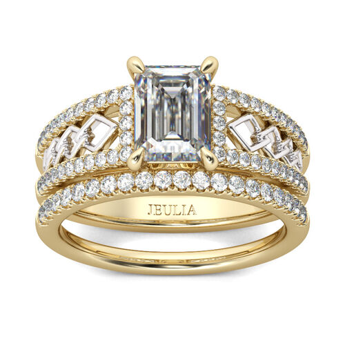 Jeulia Two Tone Emerald Cut Sterling Silver Ring Set