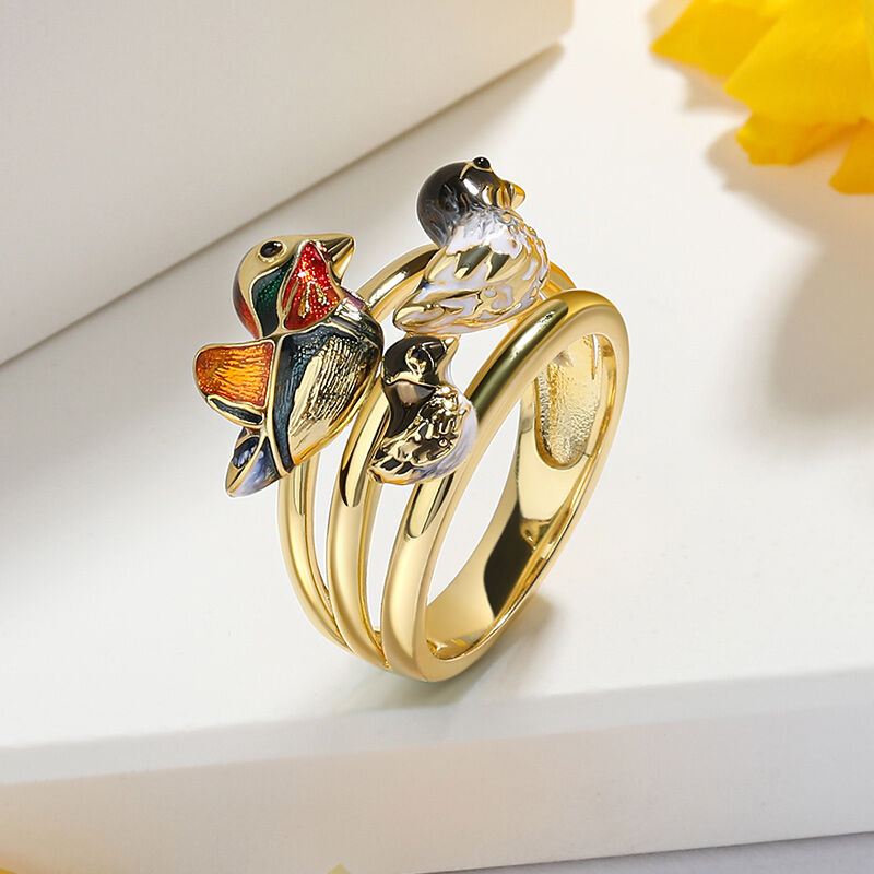 Jeulia "Outing Together" Mandarin Duck Family Enamel Sterling Silver Ring