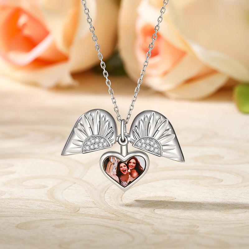 Jeulia Sunflower Heart Personalized Photo Sterling Silver Locket Necklace